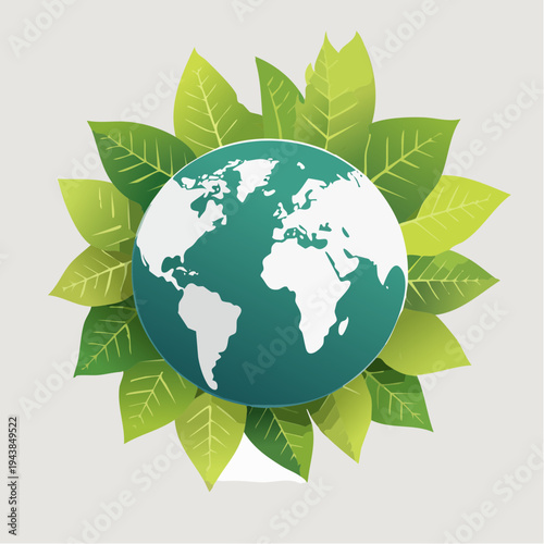 Vector illustration of a green globe surrounded by lush leaves, symbolizing Earth Day and environmental conservation on a clean background.