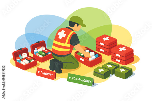 Paramedic Arranging Medical Supplies and First Aid Kits.