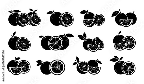 Citrus orange fruit icon pack vector with slice wedge and half silhouettes