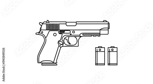 Line Art Illustration of a Semi-Automatic Pistol and Two Magazines