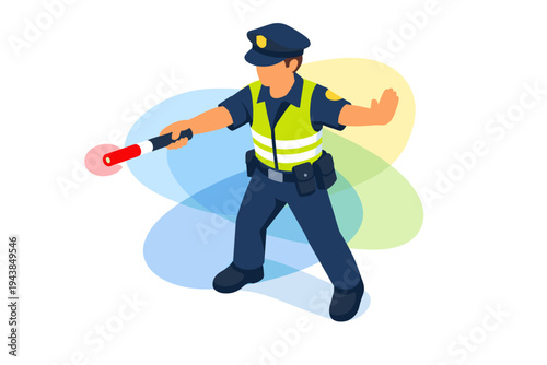 Police officer directing traffic with a stop baton.