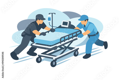 Paramedics rushing patient on stretcher with medical equipment.