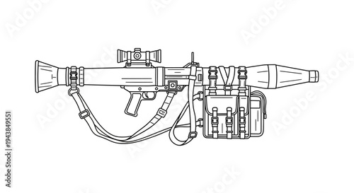 Line Art Illustration of a Rocket Launcher with Scope and Ammo Pouch