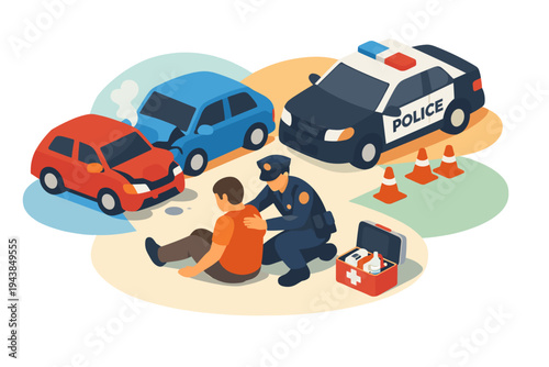 Police officer assists injured person after car accident scene.