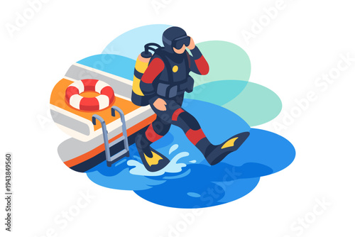 Scuba diver in full gear walking towards the water next to a boat.