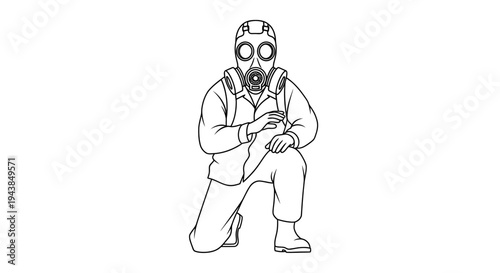 Man in Gas Mask and Hazmat Suit Kneeling, Protective Gear, Biohazard Danger