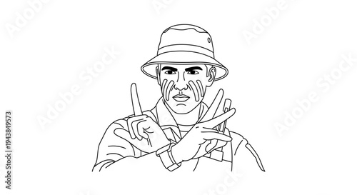 Man in bucket hat with face paint making X sign with hands, line art illustration