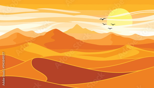 Desert, landscape, dunes, sunset, sand, hills, orange, horizon, sun, heat, dry, arid, sahara, nature, scenic, vector, illustration, birds, sky, background
