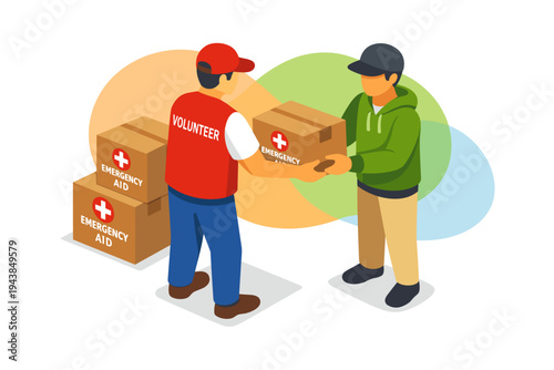 Volunteer delivering aid boxes to person in need.