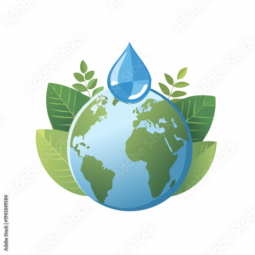 Vector illustration of a blue and green globe surrounded by leaves with a water droplet on top, symbolizing Earth Day and environmental conservation.
