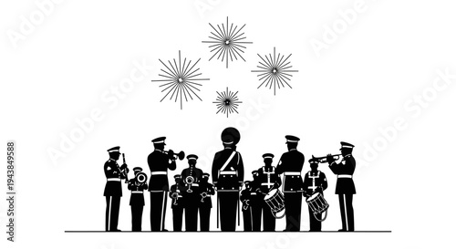 Marching Band Silhouette with Fireworks
