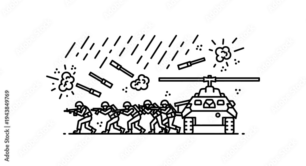 Naklejka premium Military helicopter and soldiers in combat, artillery fire, war scene illustration