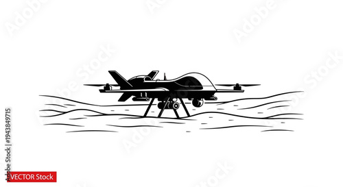 Military drone hovering over desert terrain, black and white illustration