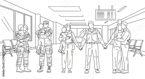 Military Family Reunion at Airport: Soldiers Hugging Loved Ones and Children