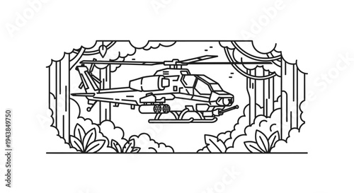 Military Helicopter Flying Through Jungle Canopy, Line Art Illustration