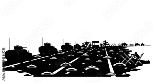 Military convoy blocked by alien UFOs on highway, invasion concept