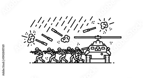 Military helicopter and soldiers in combat, artillery fire, war scene illustration