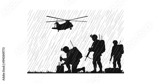 Military helicopter landing in heavy rain with soldiers on ground