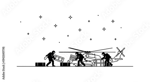 Military helicopter loading cargo with soldiers in snowy weather, aerial supply drop