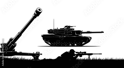 Military Silhouette: Tank, Howitzer, Sniper Soldier on Grass Field