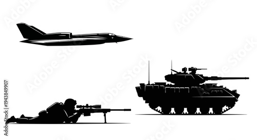 Military Silhouettes: Jet Fighter, Tank, Sniper, and Soldier on White Background