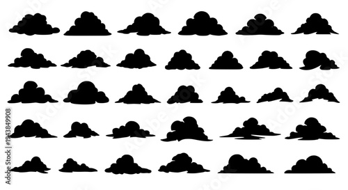 Clouds black silhouette set with various puffy shapes and sizes for design featuring graphic resources, weather icons,