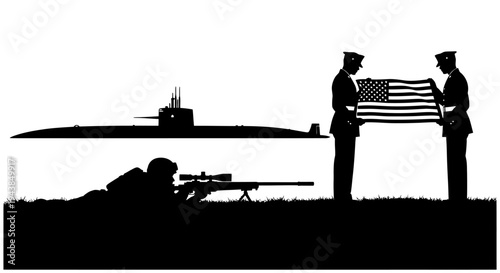 Military Silhouette: Submarine, Sniper, and Flag Folding Ceremony