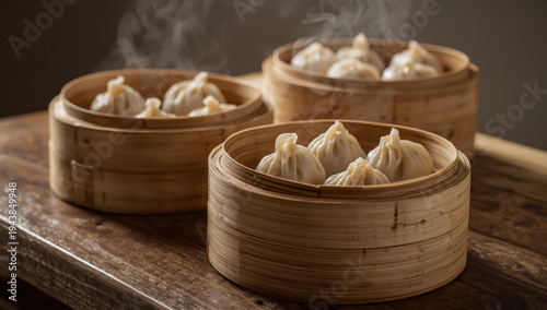 Wallpaper Mural Steaming soup dumpling in bamboo steamer with wooden table and warm atmosphere Torontodigital.ca