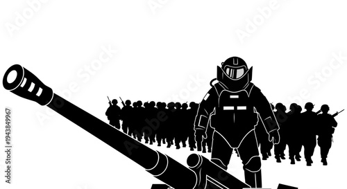 Military Soldier in Protective Suit with Artillery and Army in Background