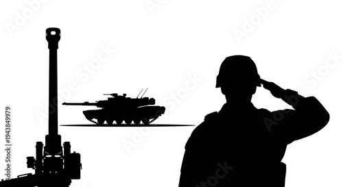 Military Soldier Saluting Beside Tank and Artillery Gun Silhouette