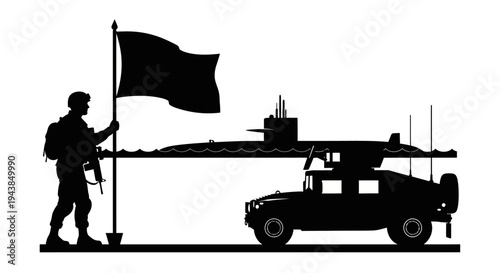 Military Soldier Raising Flag Beside Humvee and Submarine Silhouette