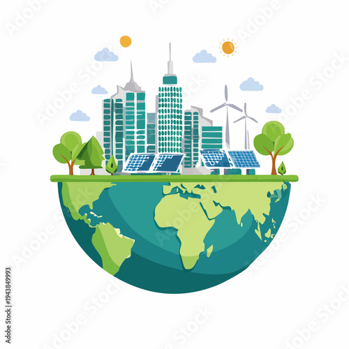 A vibrant, flat Earth Day vector illustration featuring a green globe with a cityscape, solar panels, wind turbines, and trees on a white background, conveying an eco-friendly theme.