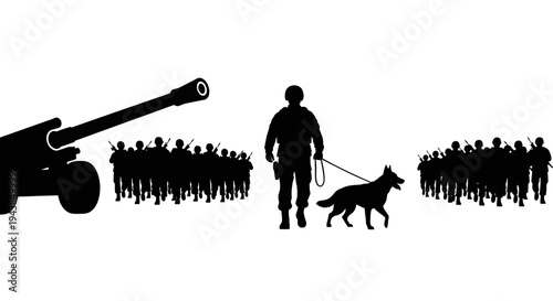 Military Soldier with Dog and Artillery Gun Silhouette, Army Troops Background