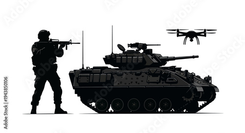 Military Soldier, Tank, and Drone: Modern Warfare Technology Silhouette