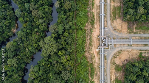 Sunset golden hour over pipeline and trees concept. Aerial view of a pipeline crossing through a lush forest landscape.