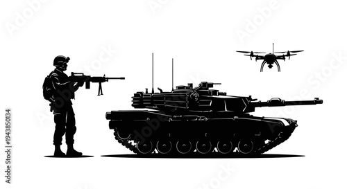 Military Soldier, Tank, and Drone Silhouette: Modern Warfare Technology
