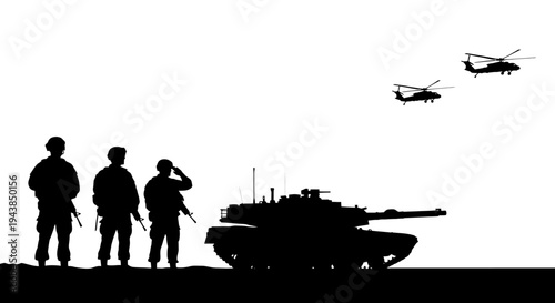 Military Soldiers and Tank Silhouette with Helicopters Flying in Sky