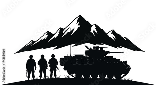 Military soldiers and tank silhouette against mountain landscape, symbolizing strength and defense.