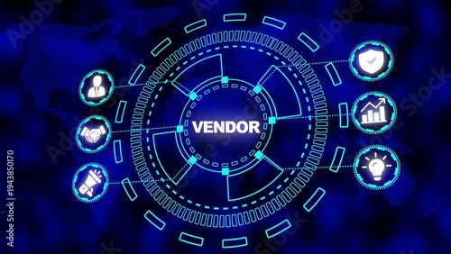 Digital Vendor concept with icons for business strategy finance and communication on a blue world map background