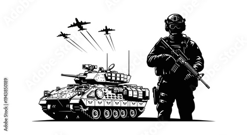 Military Soldier, Tank, and Fighter Jets in Combat Formation