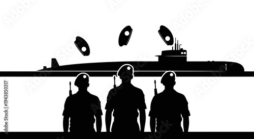 Military Submarine and Soldiers Silhouette with UFOs