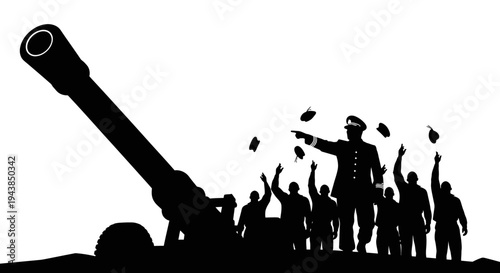 Military Victory Celebration Silhouette: Soldiers Cheer with Cannon and Commander