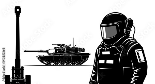 Military Tank and Soldier in Protective Gear, Artillery Gun