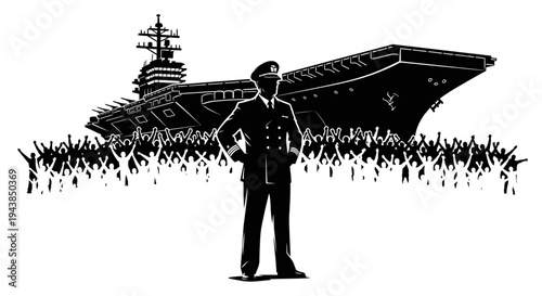 Naval Captain Stands Proudly Before Aircraft Carrier and Cheering Crowd