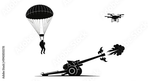 Modern Warfare: Drone, Paratrooper, and Artillery Cannon Firing