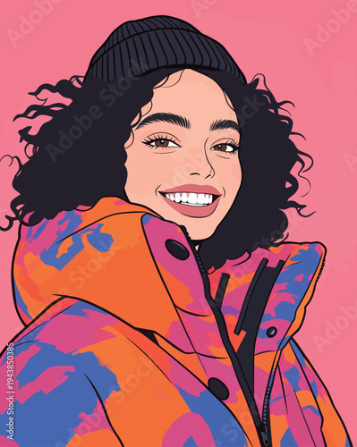 A woman with curly hair wears a bright jacket while smiling at the viewer. The background is a solid pink color.
