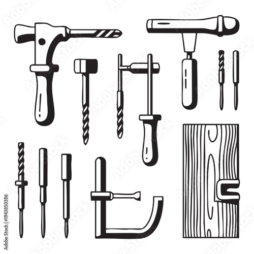 Black and white of various hand tools and woodworking accessories chisels