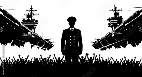 Naval Commander Silhouette, Aircraft Carriers, and Cheering Crowd