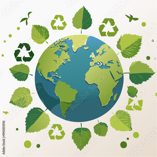 Vector illustration of a globe surrounded by green leaves and recycling symbols on a white background, representing Earth Day and environmental conservation.