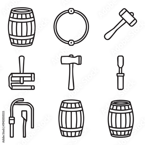 Black and white of barrels, hammers, and brewing tools on white background